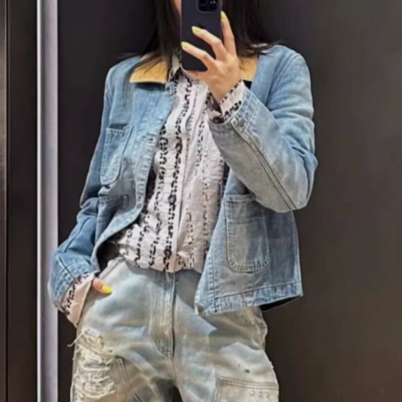 NWT R13 Corduroy Collar Cropped Denim Chore Jacket Calli Blue Retro - Picture 3 of 12